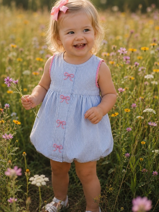 Abby & Evie Other - Blue Seersucker Girls Sleeveless Bubble Dress with Pink Trim